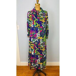 Vintage 1960s Prestige of Boston Colorful Maxi Dress, Size S/M, Button Front
